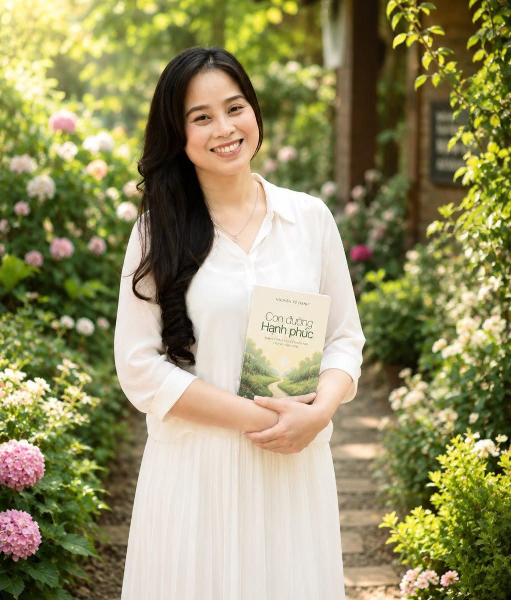 Chị Nguyễn Tú Oanh — coach hôn nhân, nhà tâm lý Sống Cuộc Đời Hạnh Phúc — mỉm cười trong vườn, tay cầm cuốn sách Con đường Hạnh phúc